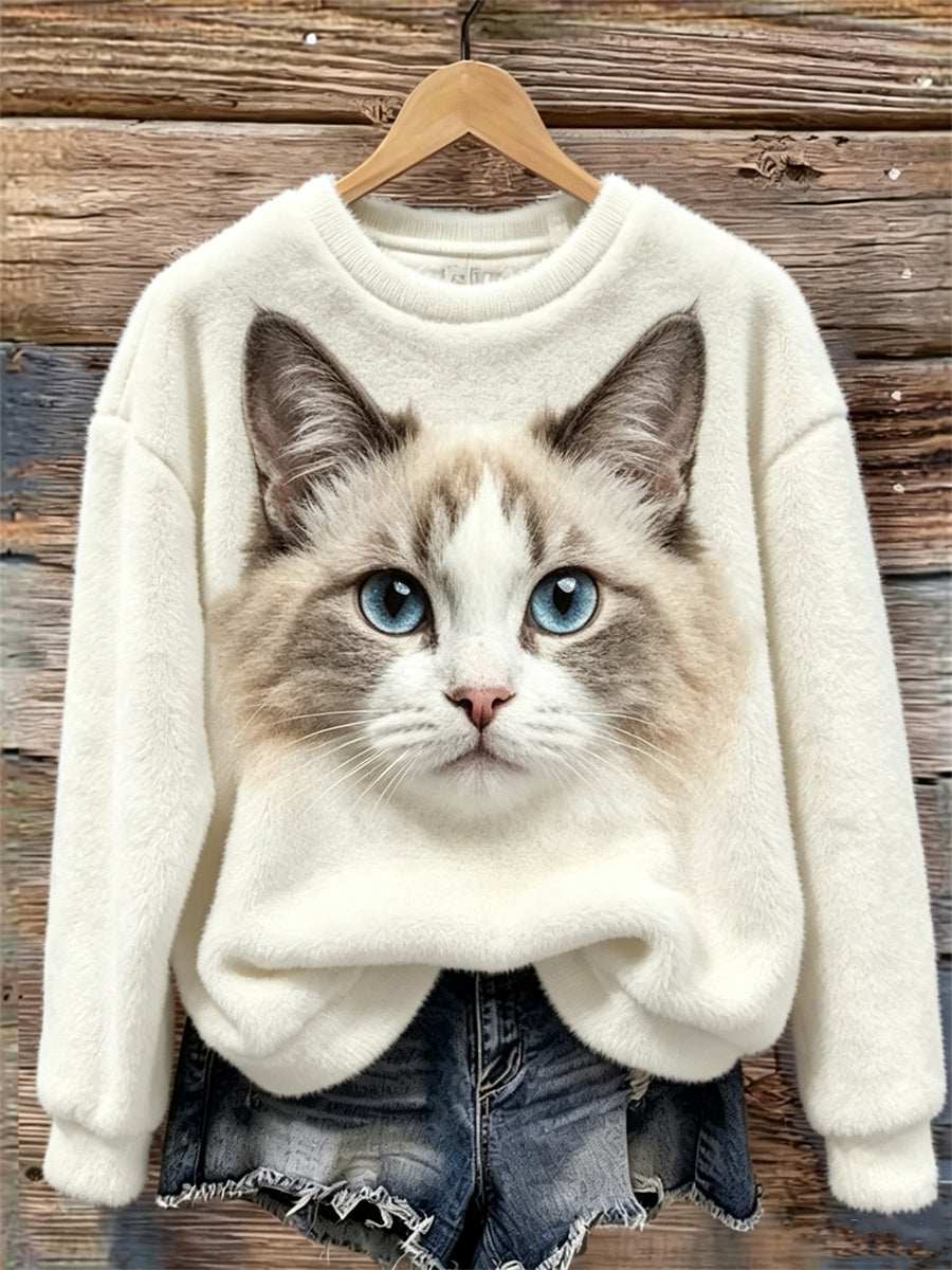 Damen Ragdoll Cat Gesichts druck Gemütliches Flanell Sweatshirt