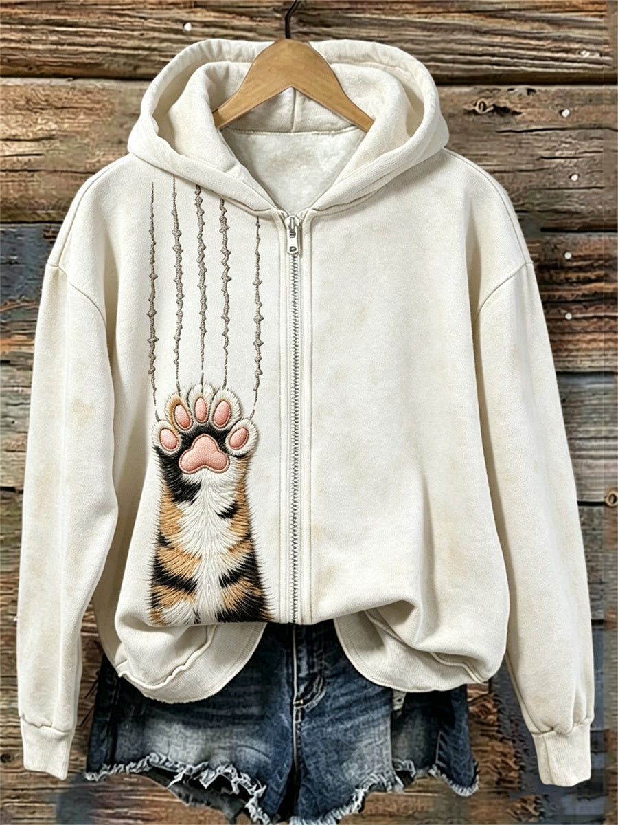Damen Calico Cat Fuzzy Paw & Scratches Print Full Zip Hoodie