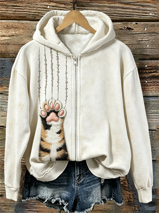 Damen Calico Cat Fuzzy Paw & Scratches Print Full Zip Hoodie