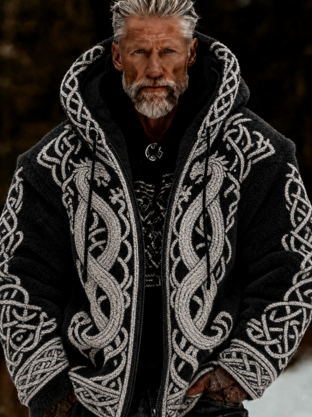 Herren-Viking-Keltenkunst-Plüsch-Kuscheljacke mit Reißverschluss und Kapuze