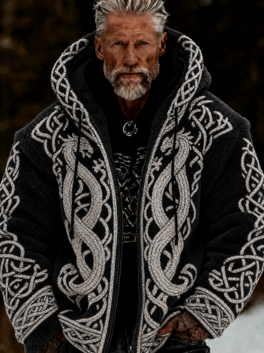 Herren-Viking-Keltenkunst-Plüsch-Kuscheljacke mit Reißverschluss und Kapuze