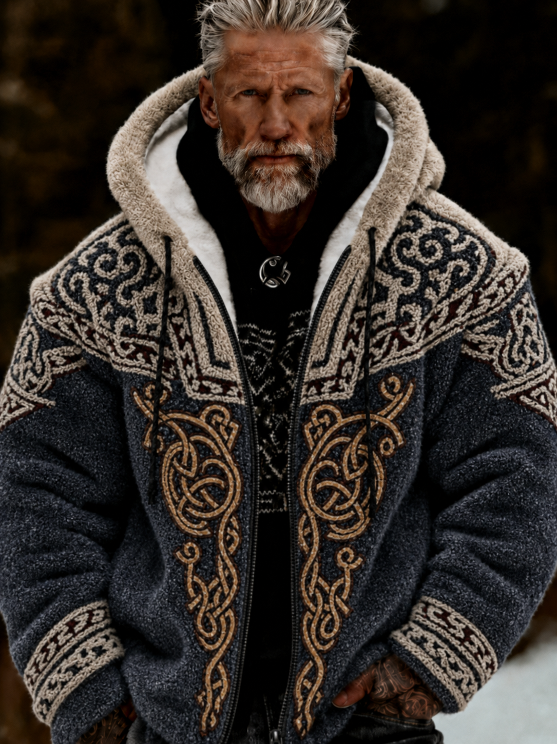 Herren-Viking-Keltenkunst-Plüsch-Kuscheljacke mit Reißverschluss und Kapuze