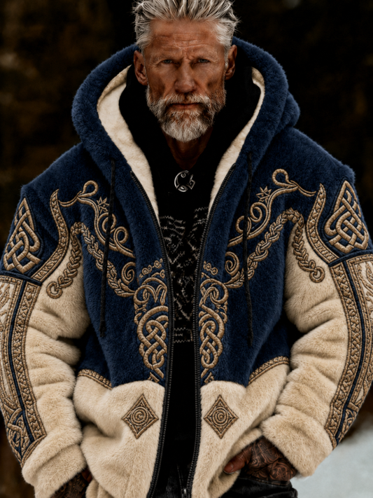 Herren-Viking-Keltenkunst-Plüsch-Kuscheljacke mit Reißverschluss und Kapuze