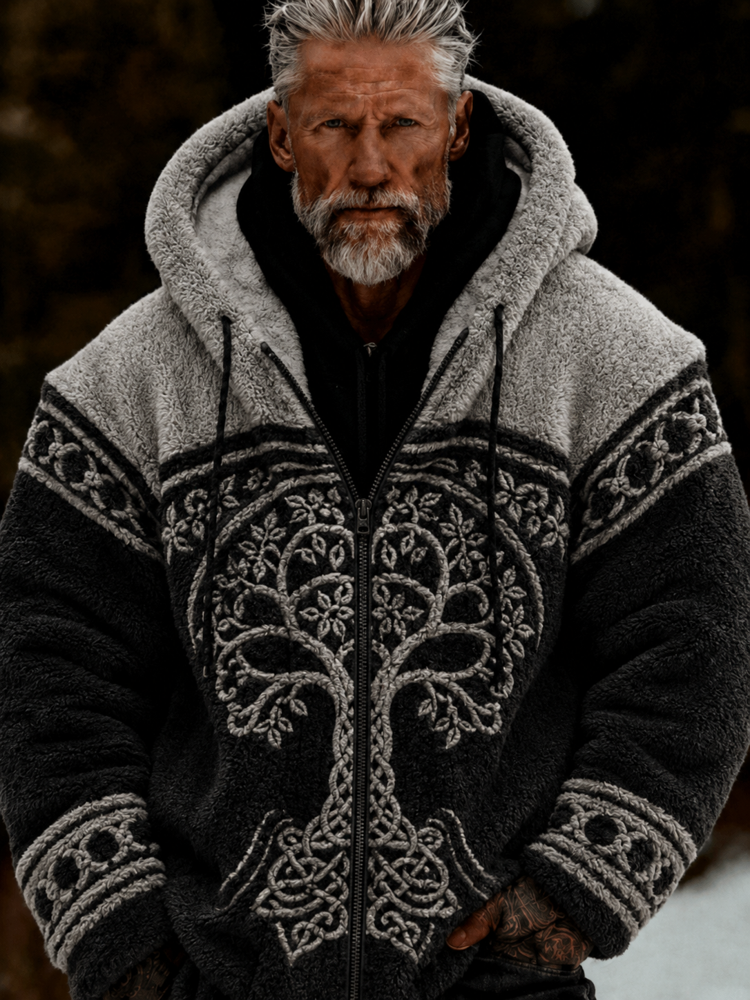 Herren-Viking‑Baum-des-Lebens‑Kuscheljacke im keltischen Stil aus Plüsch, warm und kuschelig, mit Reißverschluss und Kapuze