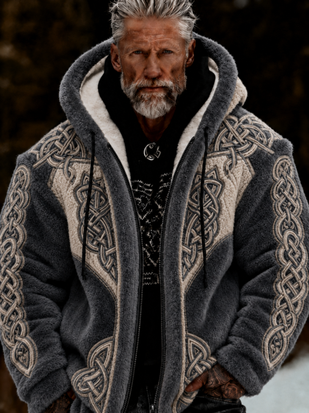 Herren-Viking-Keltenkunst-Plüsch-Kuscheljacke mit Reißverschluss und Kapuze
