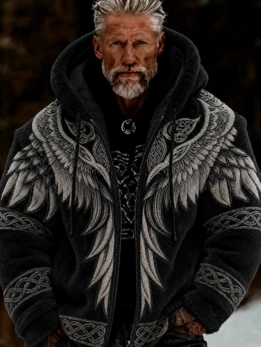 Herren-Viking-Keltenkunst-Plüsch-Kuscheljacke mit Reißverschluss und Kapuze