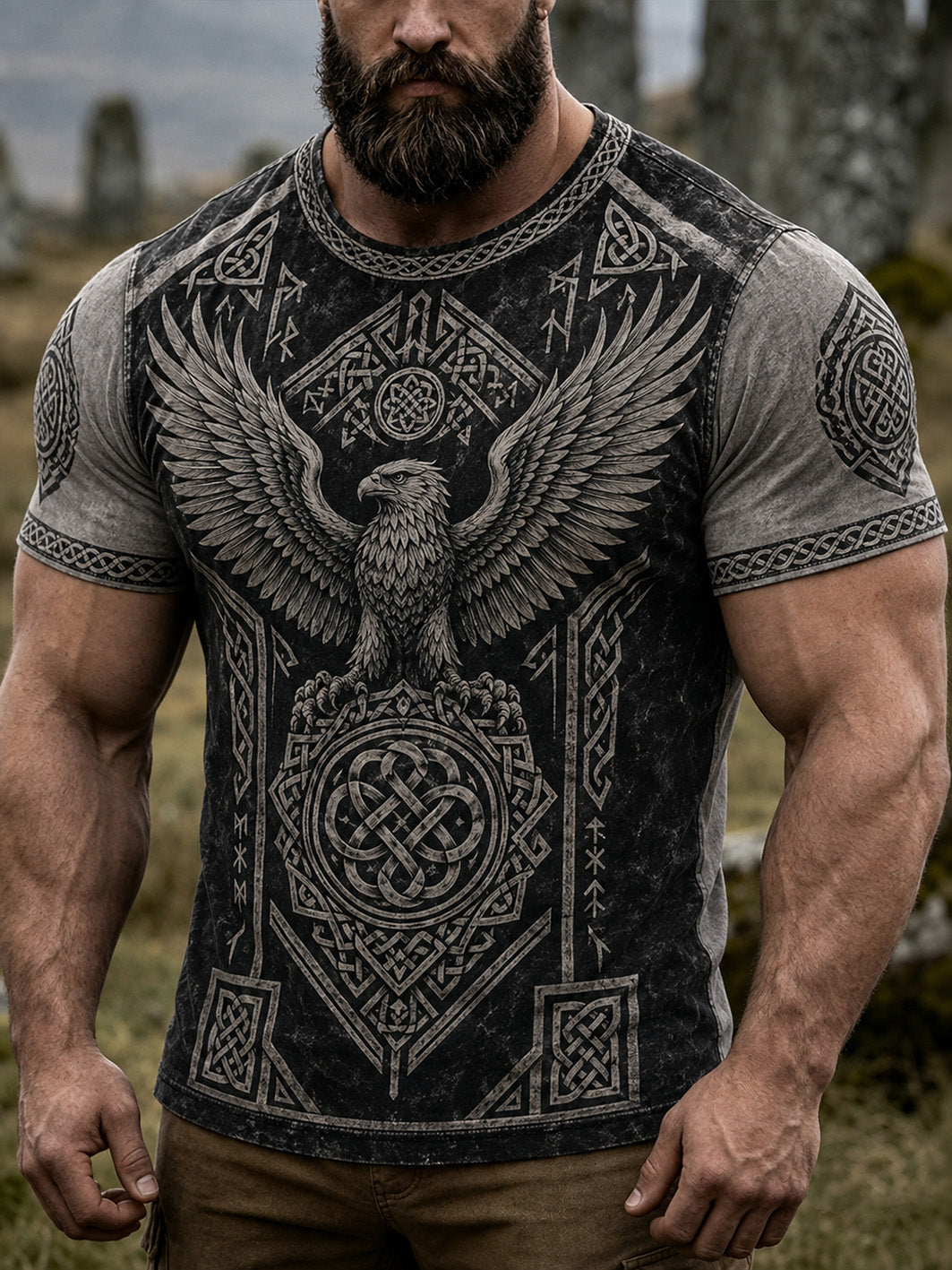 Herren Retro-Wikinger-Muster Design lässig kurze Ärmel T-Shirt