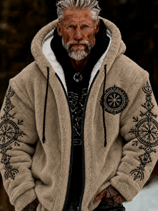 Herren-Viking-Keltenkunst-Plüsch-Kuscheljacke mit Reißverschluss und Kapuze