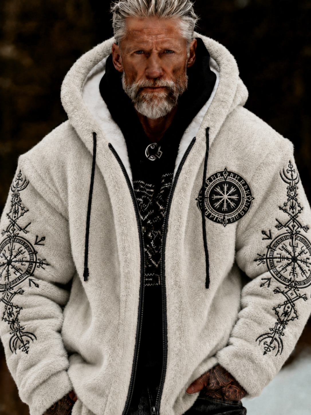 Herren-Viking-Keltenkunst-Plüsch-Kuscheljacke mit Reißverschluss und Kapuze