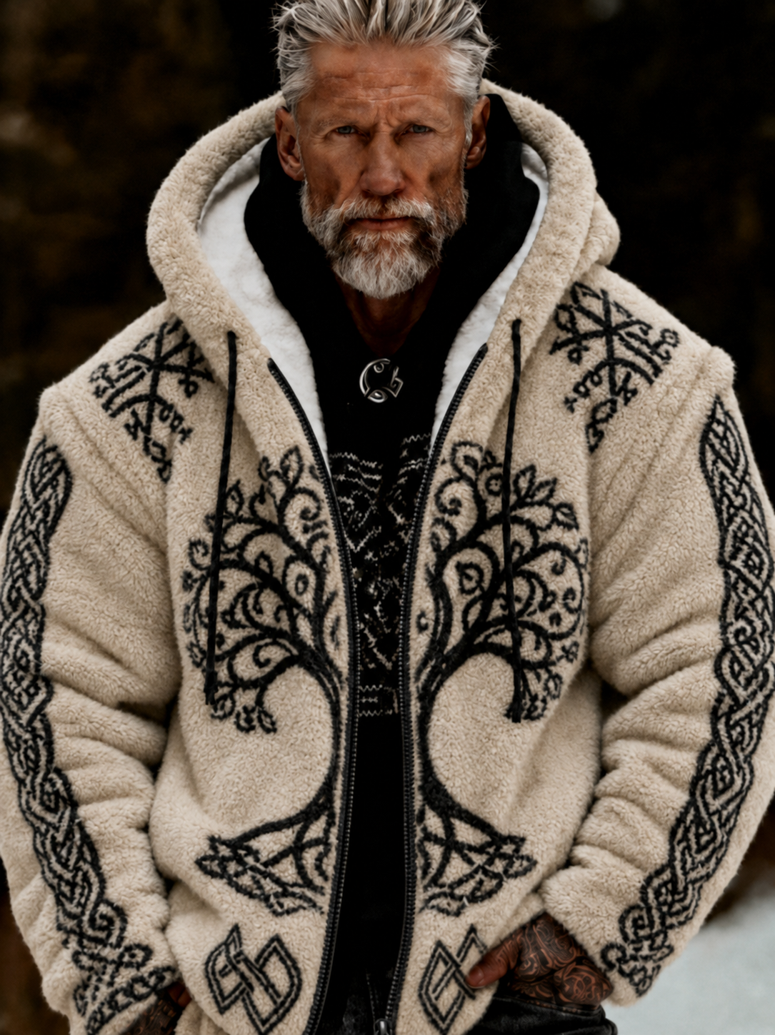 Herren-Viking‑Keltisches‑Design Plüschkuscheliger warmer Flanell‑Jackenmantel mit Reißverschluss und Kapuze