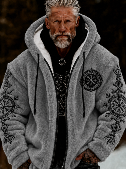 Herren-Viking-Keltenkunst-Plüsch-Kuscheljacke mit Reißverschluss und Kapuze