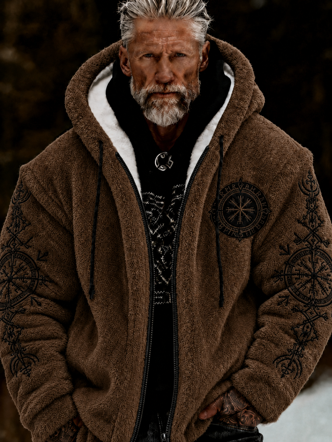 Herren-Viking-Keltenkunst-Plüsch-Kuscheljacke mit Reißverschluss und Kapuze