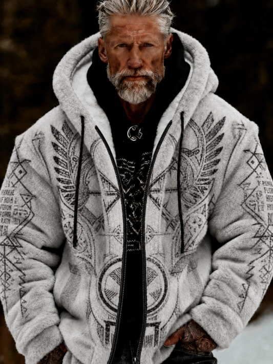 Herren-Viking-Keltenkunst-Plüsch-Kuscheljacke mit Reißverschluss und Kapuze