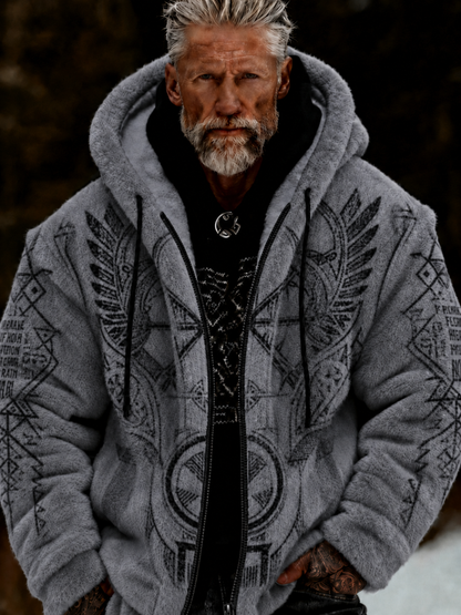 Herren-Viking-Keltenkunst-Plüsch-Kuscheljacke mit Reißverschluss und Kapuze