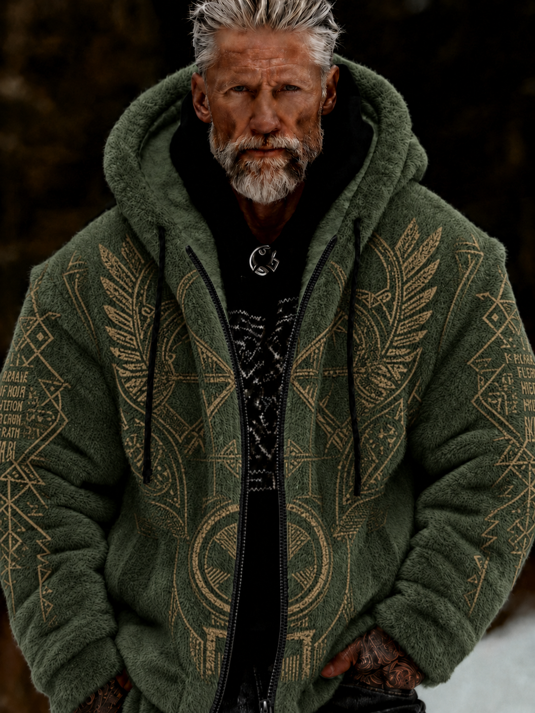Herren-Viking-Keltenkunst-Plüsch-Kuscheljacke mit Reißverschluss und Kapuze