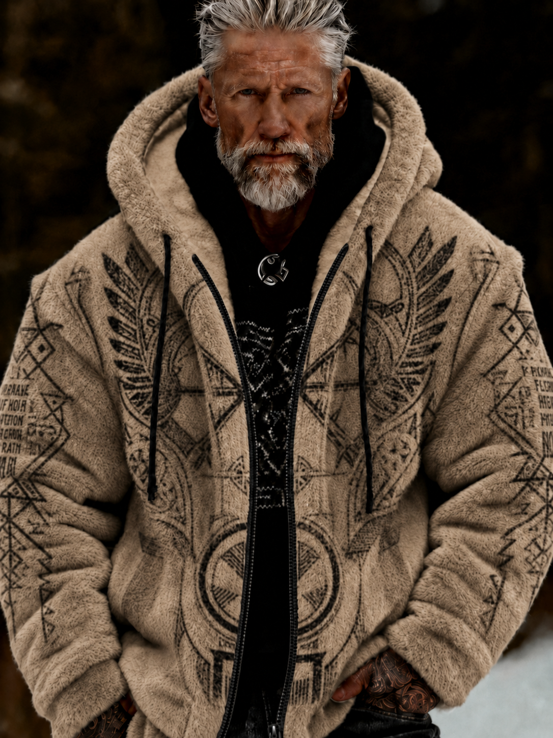 Herren-Viking-Keltenkunst-Plüsch-Kuscheljacke mit Reißverschluss und Kapuze