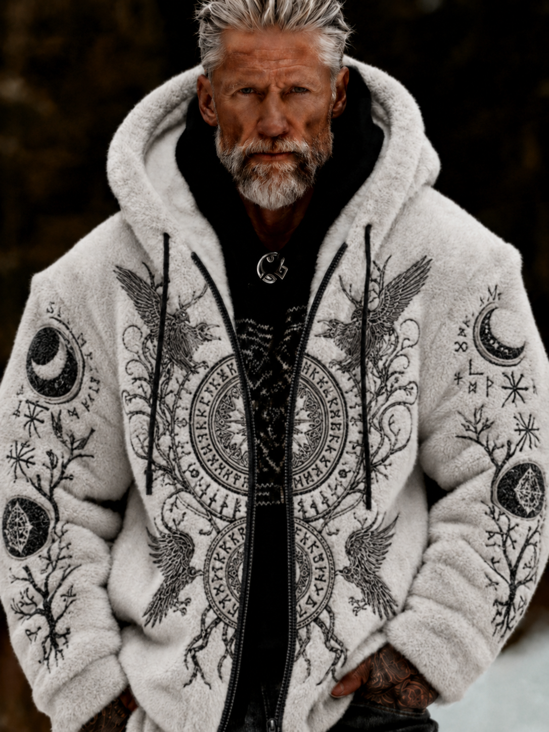 Herren-Viking-Keltenkunst-Plüsch-Kuscheljacke mit Reißverschluss und Kapuze