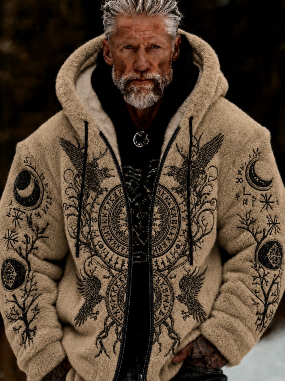 Herren-Viking-Keltenkunst-Plüsch-Kuscheljacke mit Reißverschluss und Kapuze