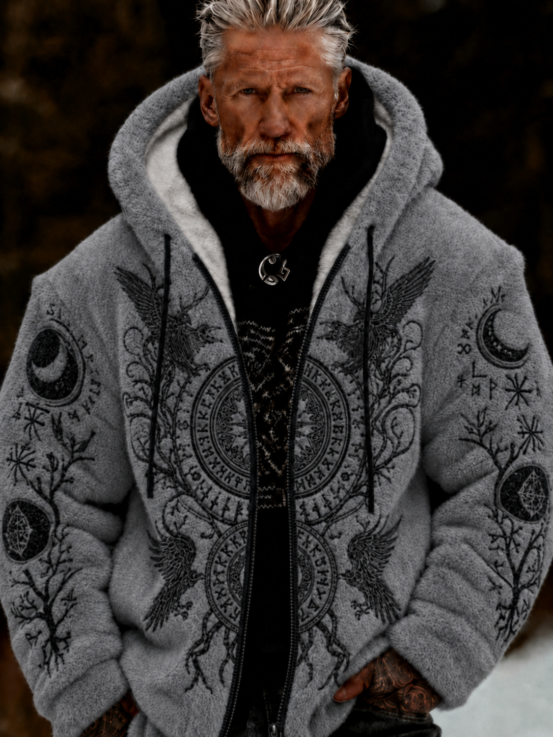 Herren-Viking-Keltenkunst-Plüsch-Kuscheljacke mit Reißverschluss und Kapuze