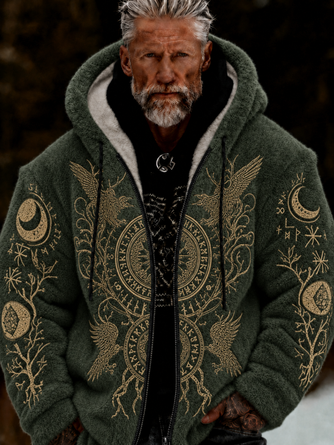 Herren-Viking-Keltenkunst-Plüsch-Kuscheljacke mit Reißverschluss und Kapuze