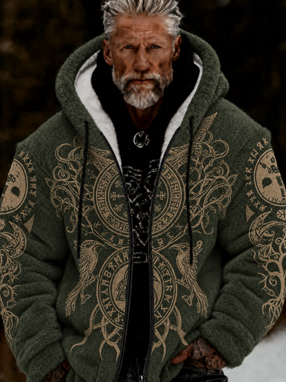 Herren-Viking-Keltenkunst-Plüsch-Kuscheljacke mit Reißverschluss und Kapuze