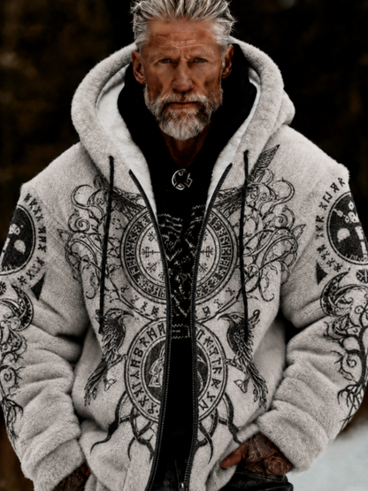 Herren-Viking-Keltenkunst-Plüsch-Kuscheljacke mit Reißverschluss und Kapuze