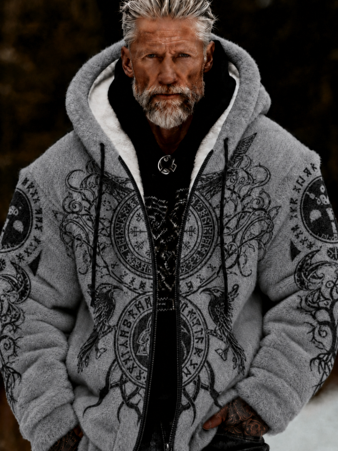 Herren-Viking-Keltenkunst-Plüsch-Kuscheljacke mit Reißverschluss und Kapuze
