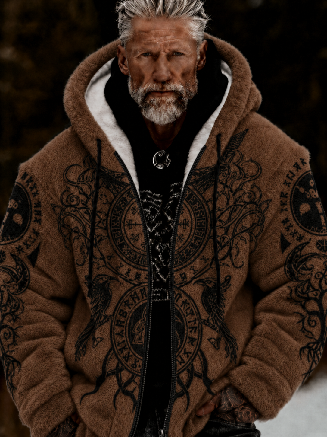 Herren-Viking-Keltenkunst-Plüsch-Kuscheljacke mit Reißverschluss und Kapuze
