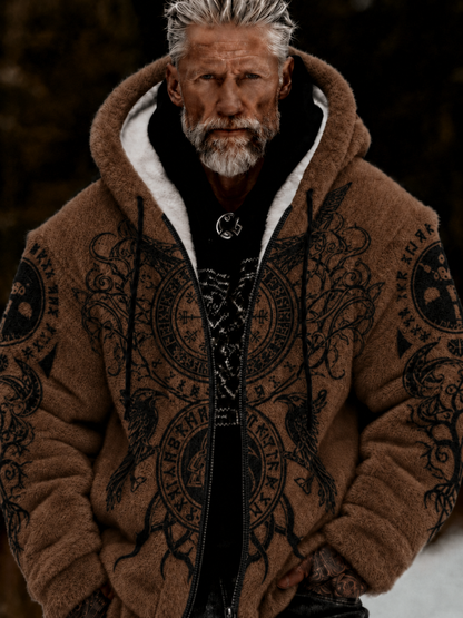 Herren-Viking-Keltenkunst-Plüsch-Kuscheljacke mit Reißverschluss und Kapuze