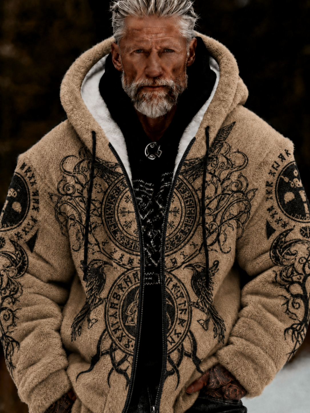 Herren-Viking-Keltenkunst-Plüsch-Kuscheljacke mit Reißverschluss und Kapuze