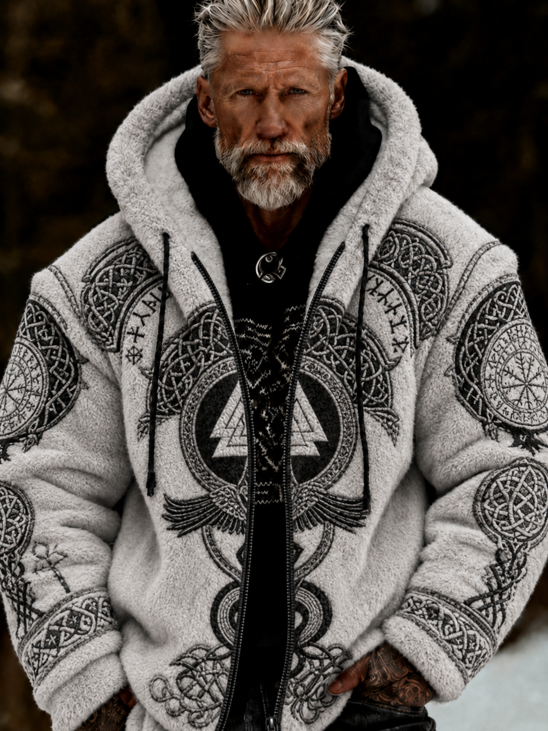 Herren-Viking-Keltenkunst-Plüsch-Kuscheljacke mit Reißverschluss und Kapuze