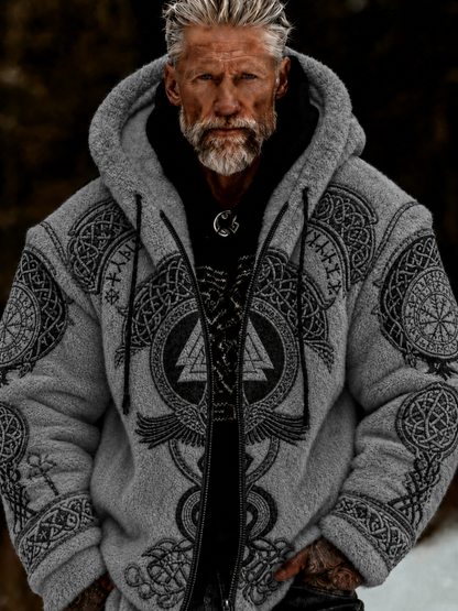 Herren-Viking-Keltenkunst-Plüsch-Kuscheljacke mit Reißverschluss und Kapuze