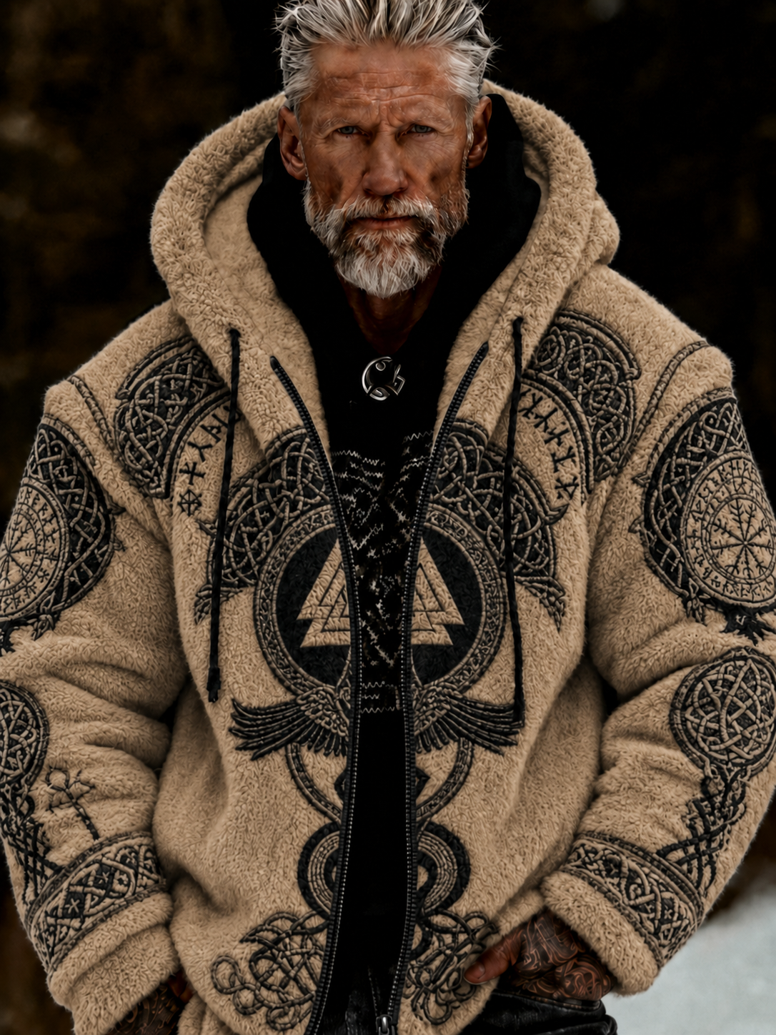 Herren-Viking-Keltenkunst-Plüsch-Kuscheljacke mit Reißverschluss und Kapuze