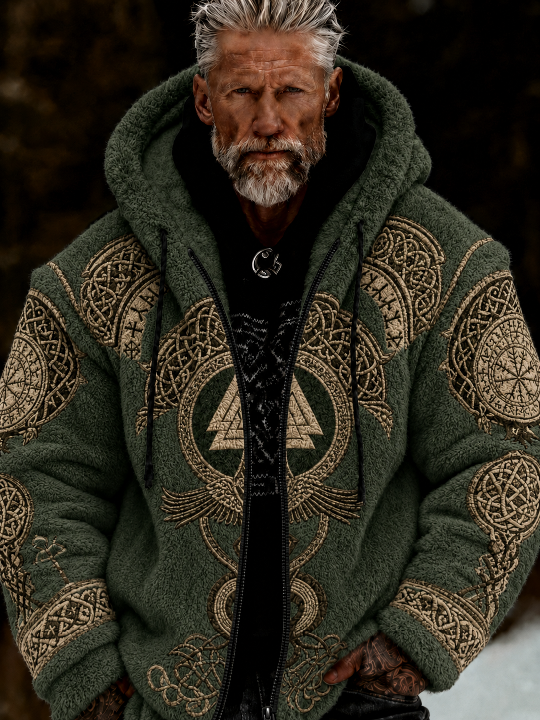 Herren-Viking-Keltenkunst-Plüsch-Kuscheljacke mit Reißverschluss und Kapuze