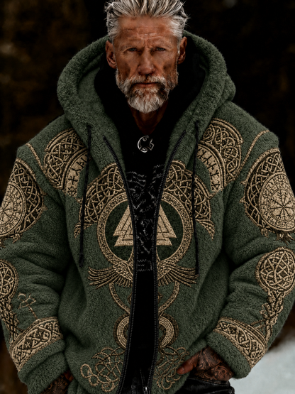 Herren-Viking-Keltenkunst-Plüsch-Kuscheljacke mit Reißverschluss und Kapuze