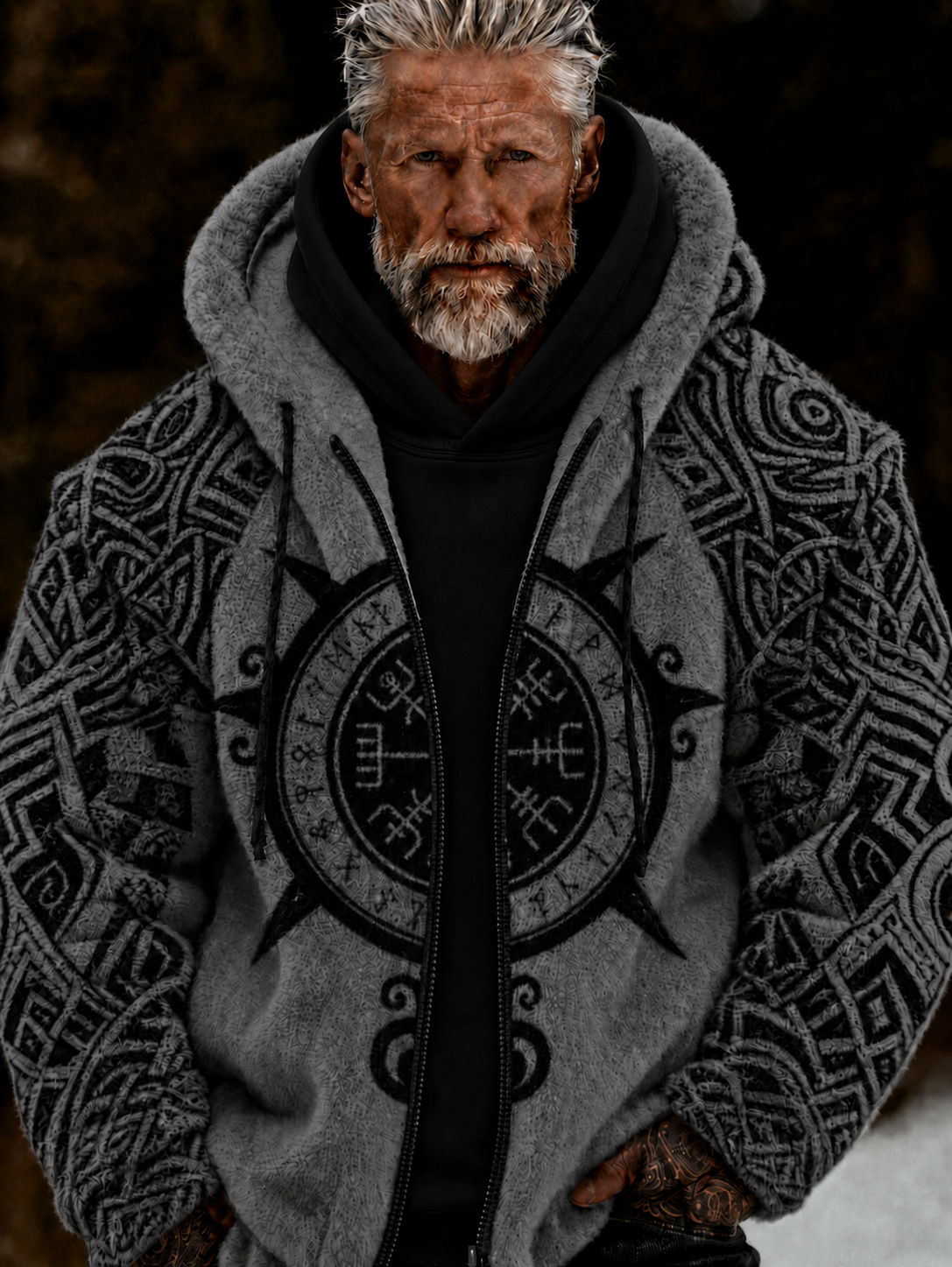 Herren-Viking-Keltenkunst-Plüsch-Kuscheljacke mit Reißverschluss und Kapuze