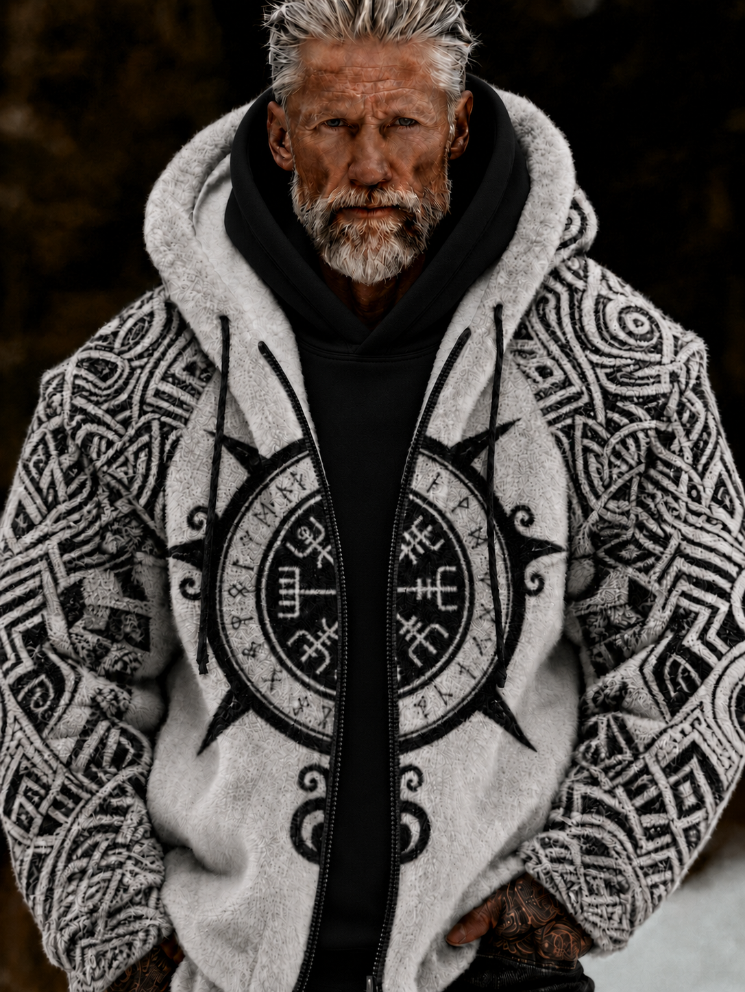 Herren-Viking-Keltenkunst-Plüsch-Kuscheljacke mit Reißverschluss und Kapuze