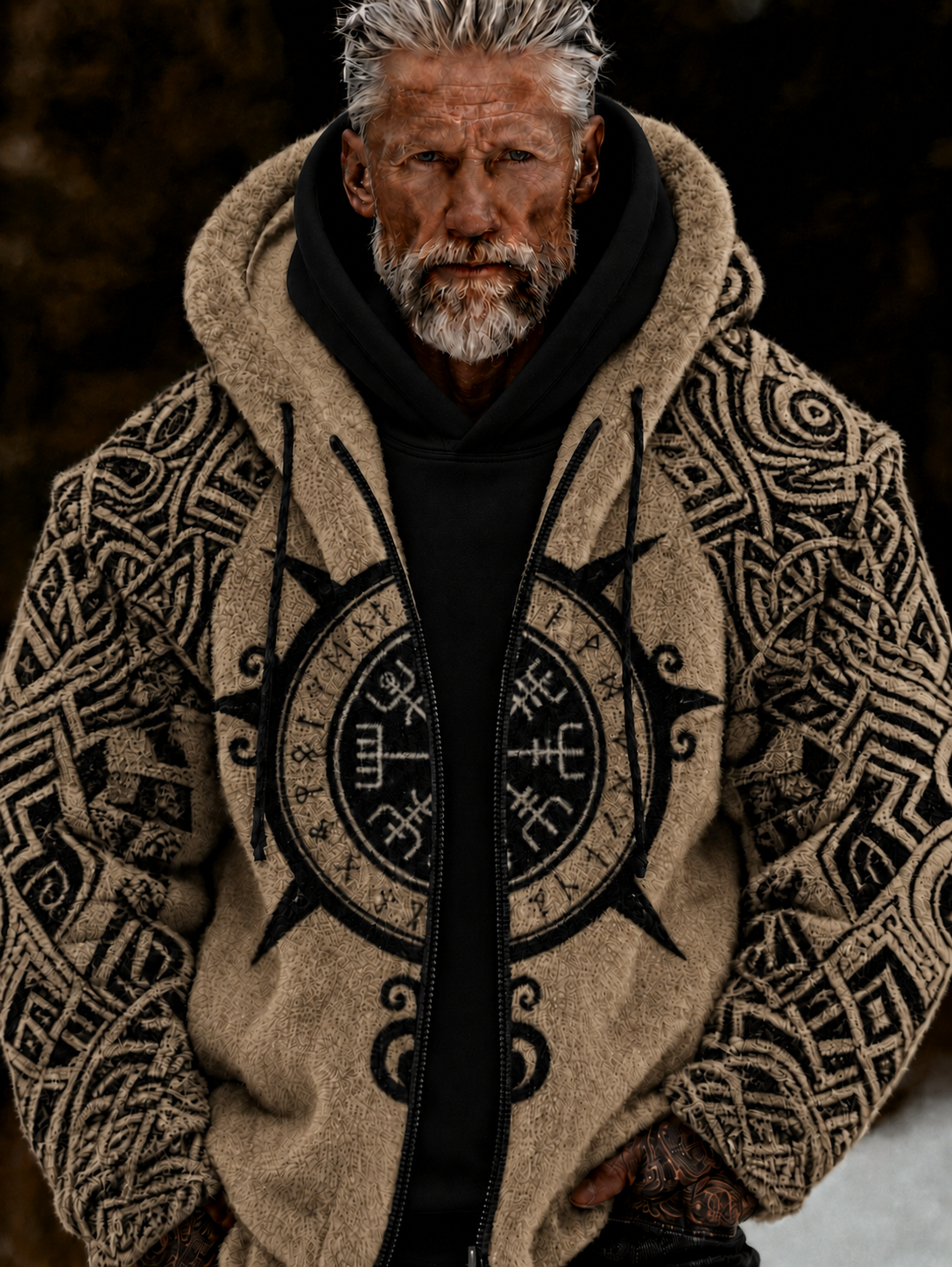 Herren-Viking-Keltenkunst-Plüsch-Kuscheljacke mit Reißverschluss und Kapuze