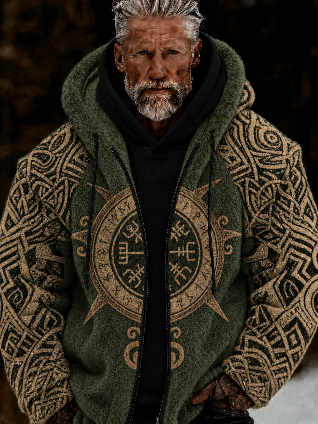 Herren-Viking-Keltenkunst-Plüsch-Kuscheljacke mit Reißverschluss und Kapuze