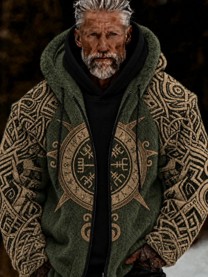 Herren-Viking-Keltenkunst-Plüsch-Kuscheljacke mit Reißverschluss und Kapuze