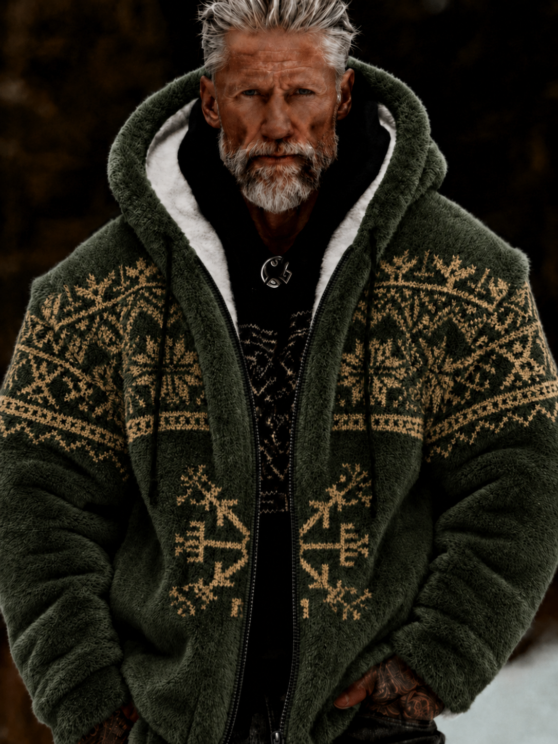 Herren-Viking-Keltenkunst-Plüsch-Kuscheljacke mit Reißverschluss und Kapuze