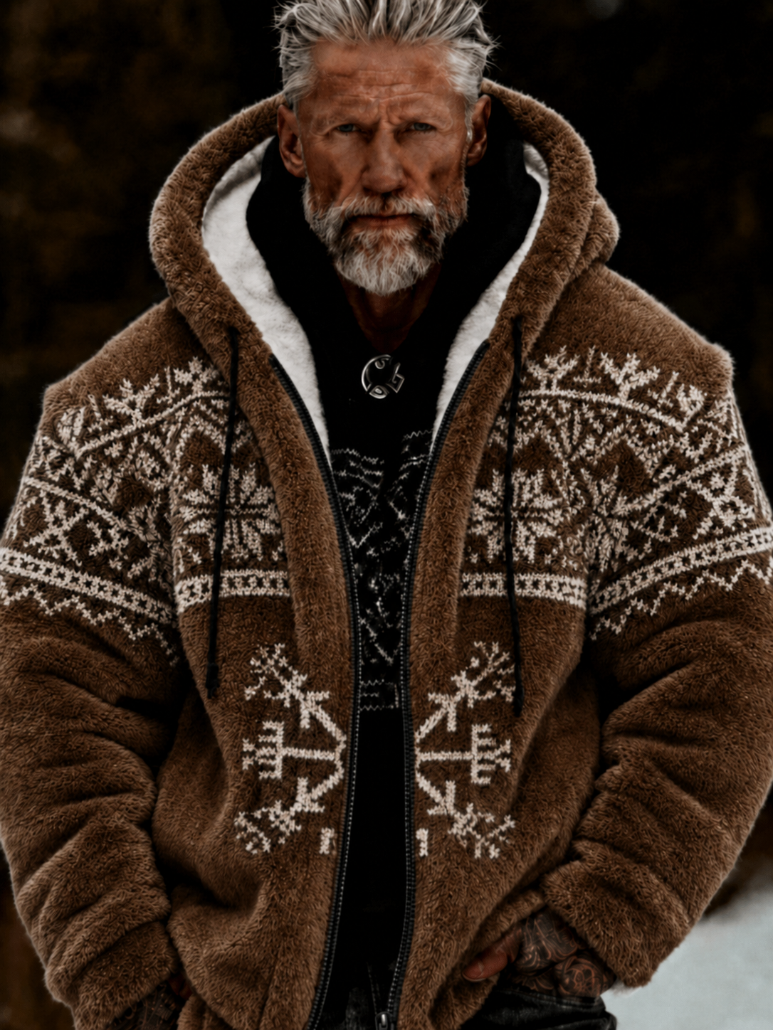 Herren-Viking-Keltenkunst-Plüsch-Kuscheljacke mit Reißverschluss und Kapuze
