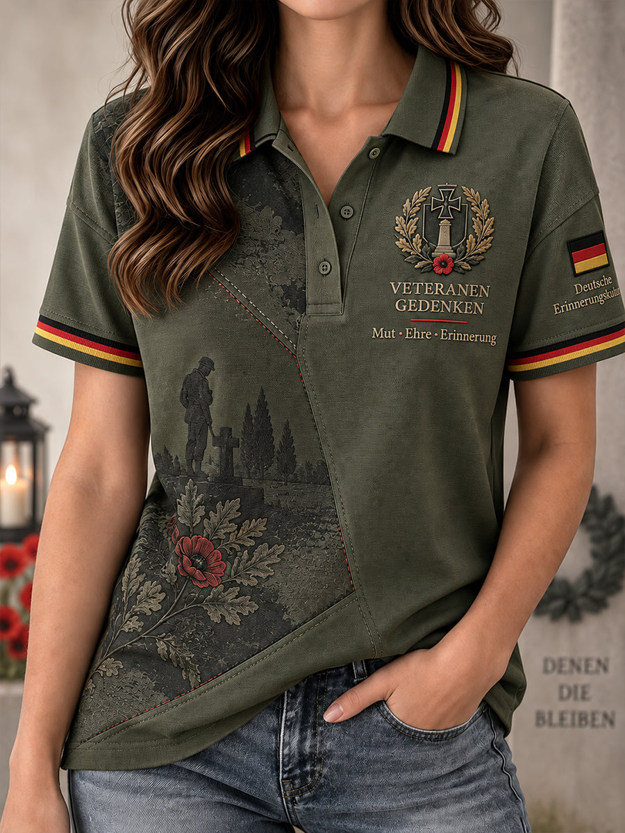 Damen-Poloshirt mit kurzen Ärmeln und nostalgischem, an Veteranen erinnerndem Aufdruck