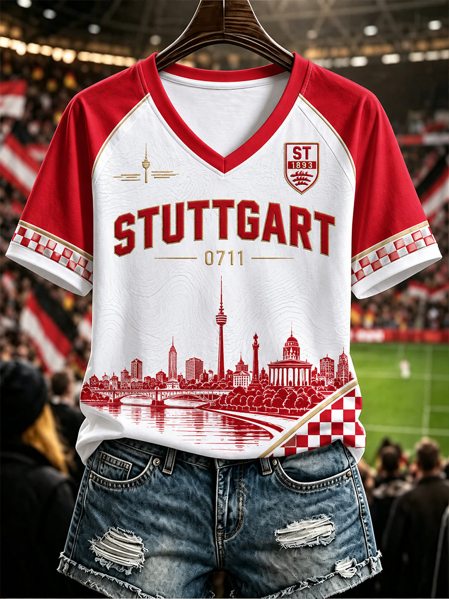 Damen-V-Ausschnitt-Off‑Shoulder-T-Shirt mit kurzen Ärmeln