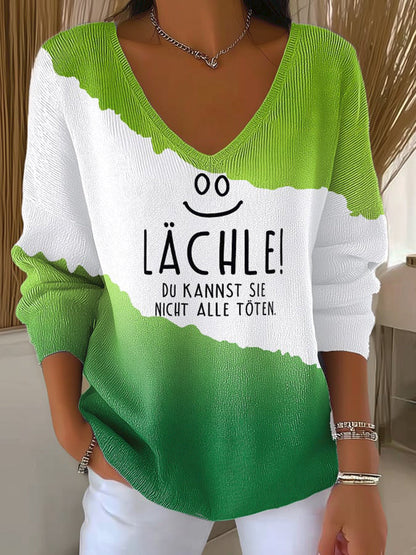 Frauen-Fun-Slogan-Druck-Ripp-Top mit V-Ausschnitt in Deutsch