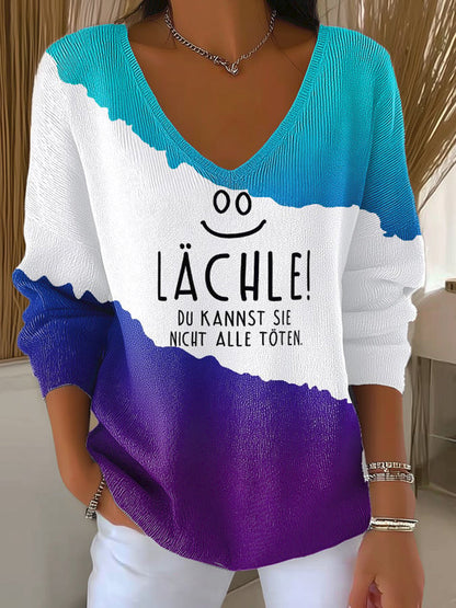 Frauen-Fun-Slogan-Druck-Ripp-Top mit V-Ausschnitt in Deutsch