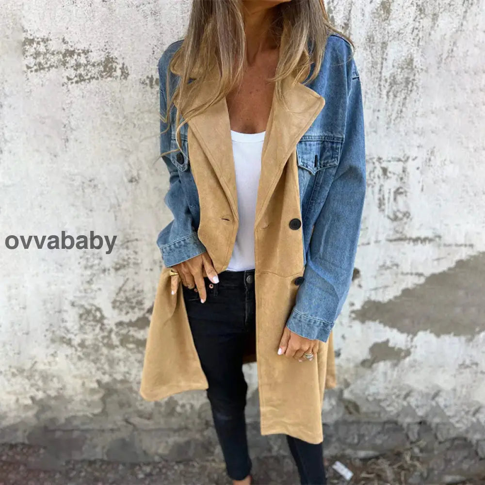 🥰 zeitlich begrenztes preisliches Angebot 🥰Mittellanger Trenchcoat mit Denim-Jeans-Nähten Oberteile