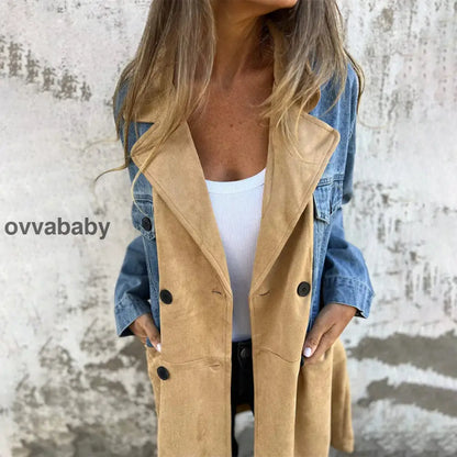 🥰 zeitlich begrenztes preisliches Angebot 🥰Mittellanger Trenchcoat mit Denim-Jeans-Nähten Oberteile