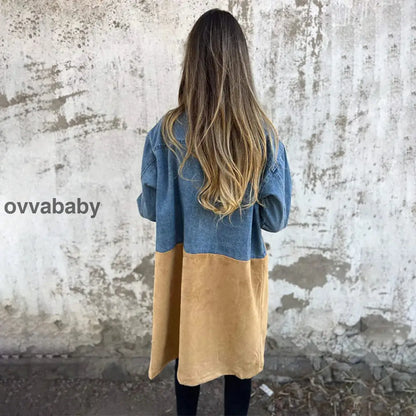 🥰 zeitlich begrenztes preisliches Angebot 🥰Mittellanger Trenchcoat mit Denim-Jeans-Nähten Oberteile