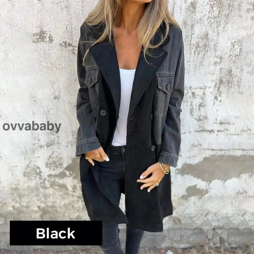 🥰 zeitlich begrenztes preisliches Angebot 🥰Mittellanger Trenchcoat mit Denim-Jeans-Nähten Schwarz / S(EU 36) Oberteile